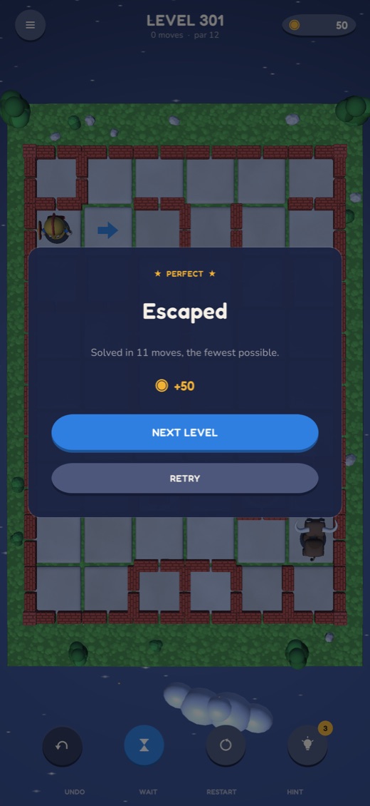 Night level with two bulls and a Perfect win card showing the fewest possible moves