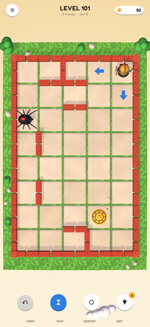 Gameplay: a hero with a golden helmet, glowing blue arrows on the tiles next to him, and a spider two rows away